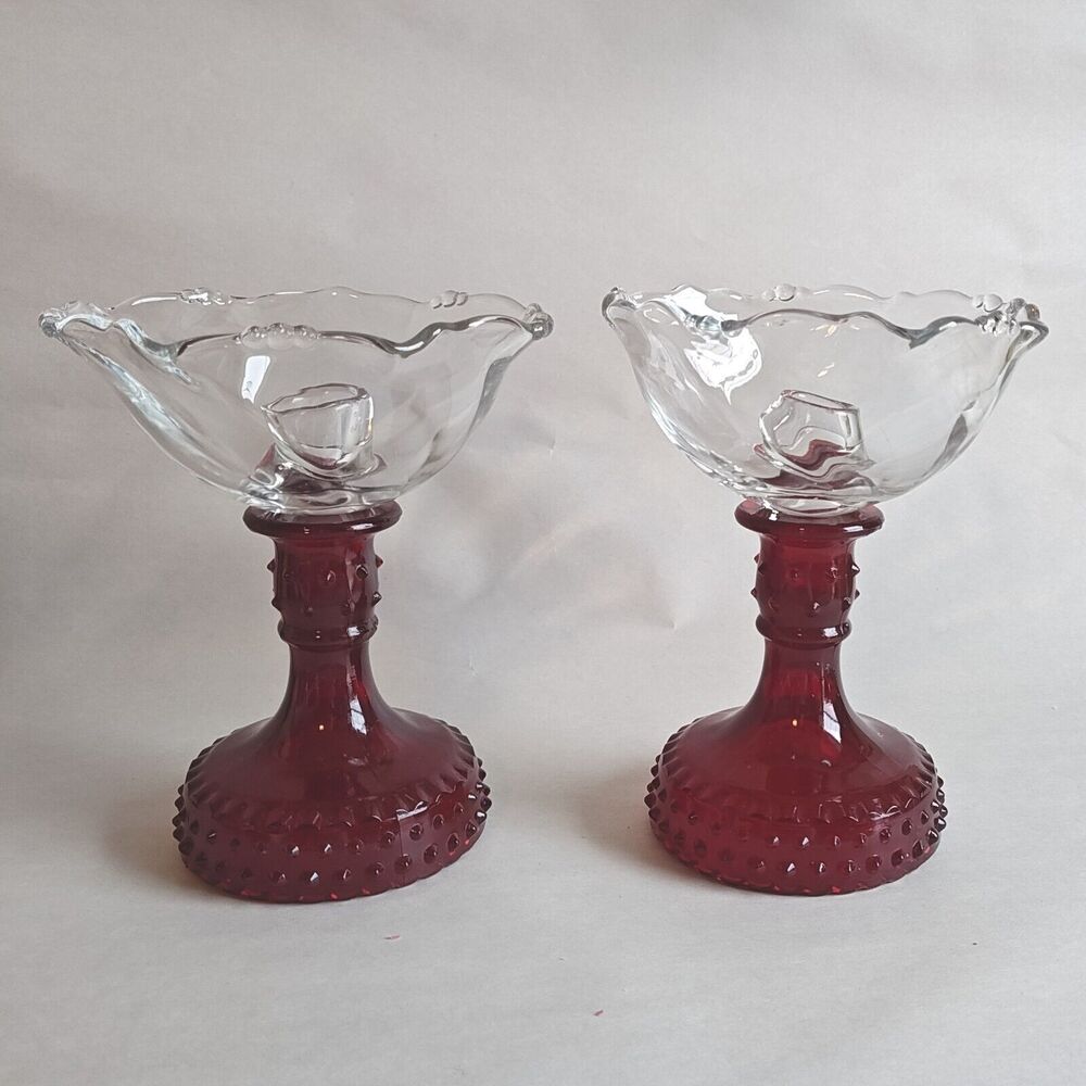 VTG Heisey Candlestick Ruby‎ Red Crystal Waverly 9" Clear Bobeche Candle Holder